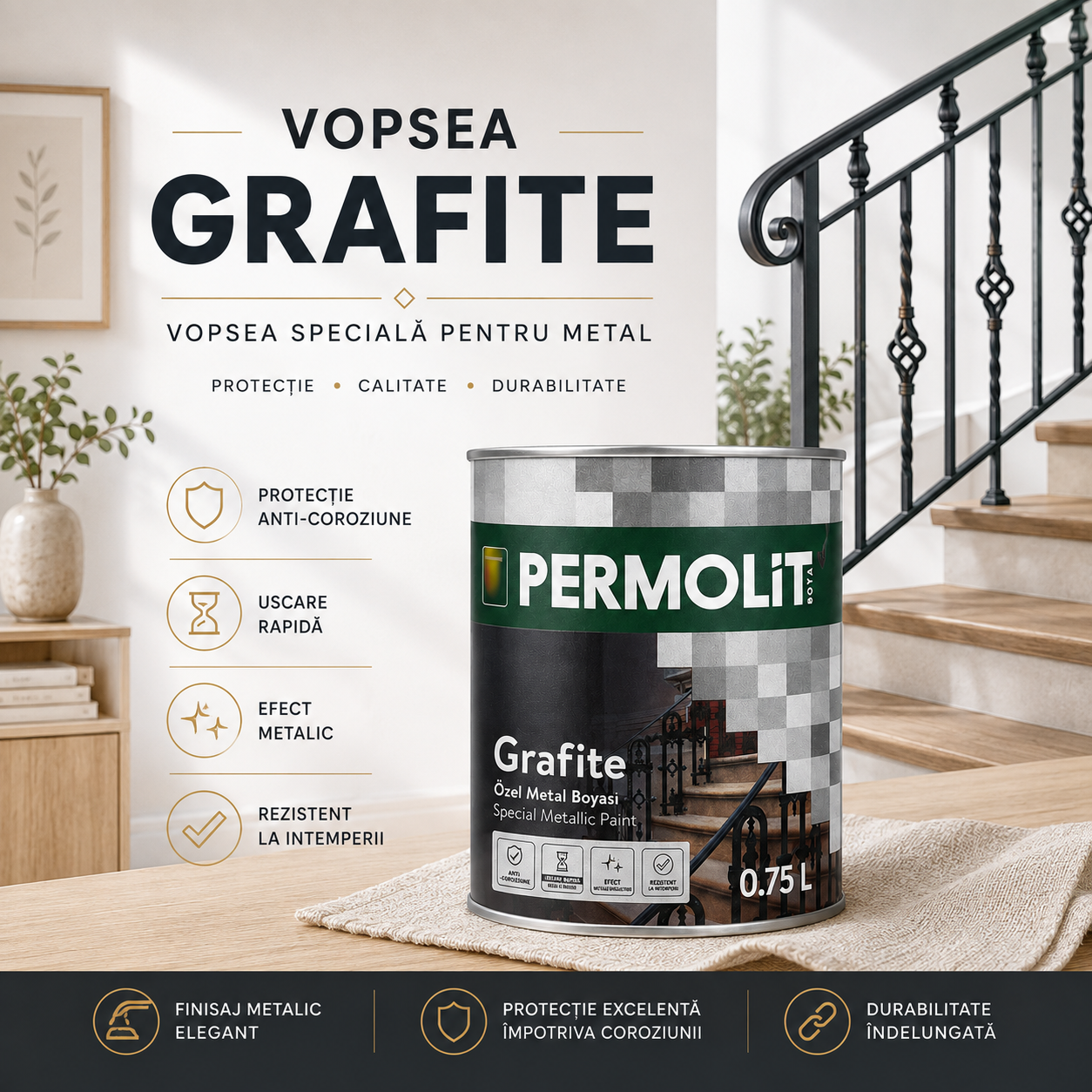 Vopsea pentru metal GRAFITE 3 în 1 – Permolit